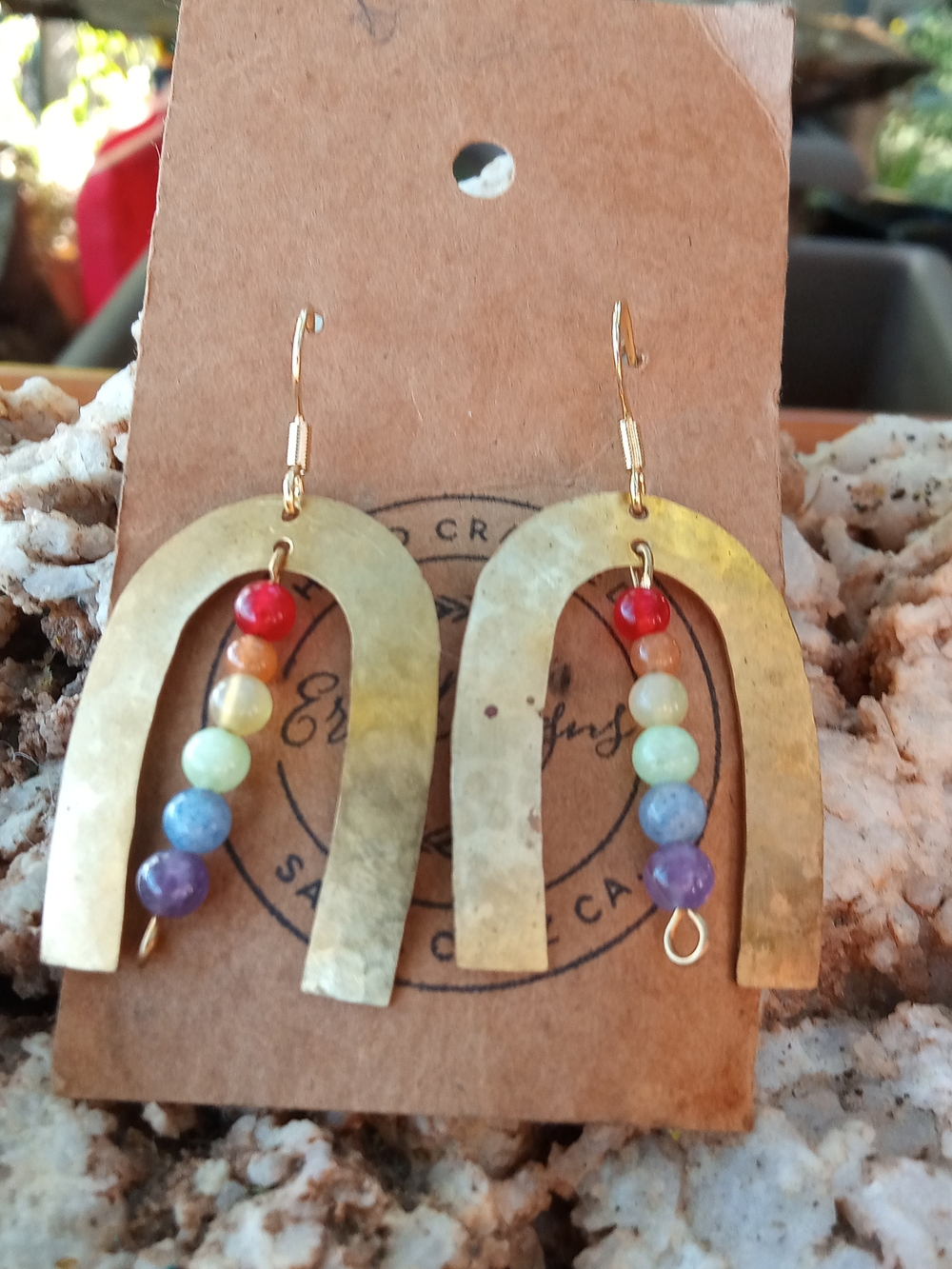 New Hammered Golden Tone Arch Drop Earrings with Multicolor Beads